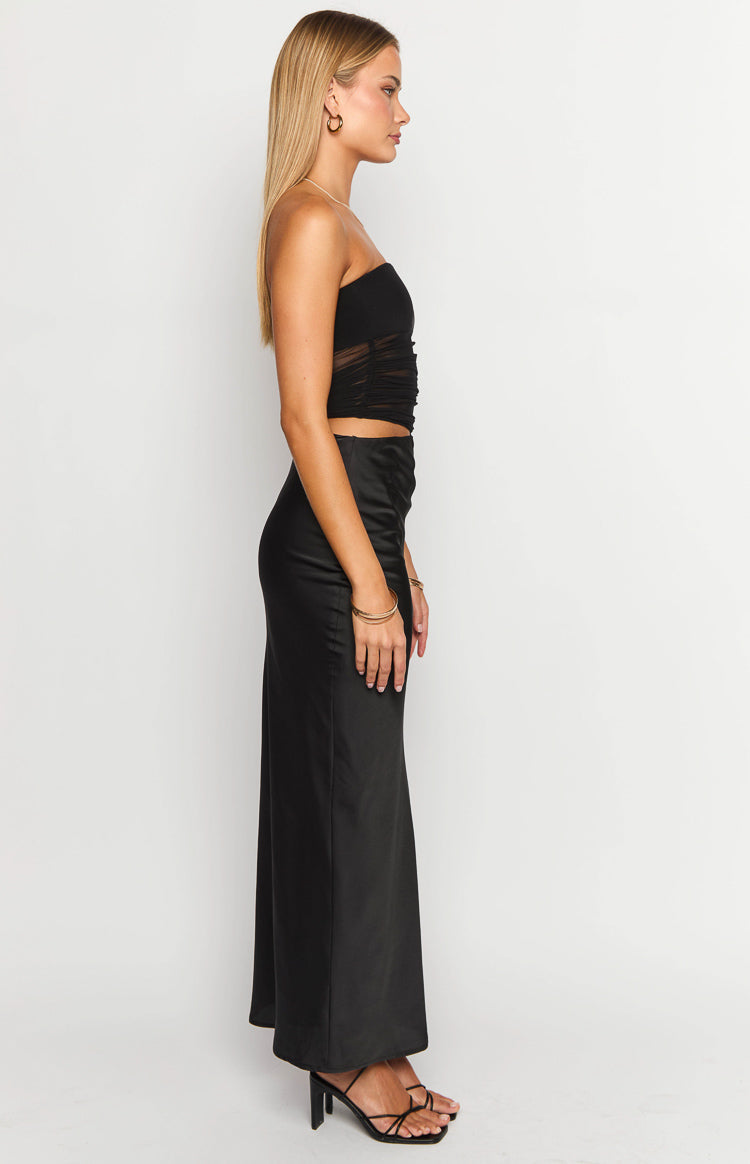 Strapless Sheer Mesh Panel Cut Out Waist Satin Maxi Dress 4