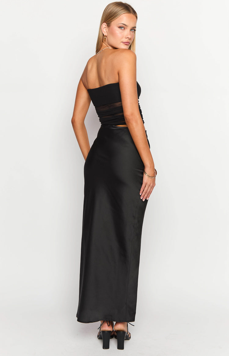 Strapless Sheer Mesh Panel Cut Out Waist Satin Maxi Dress 5