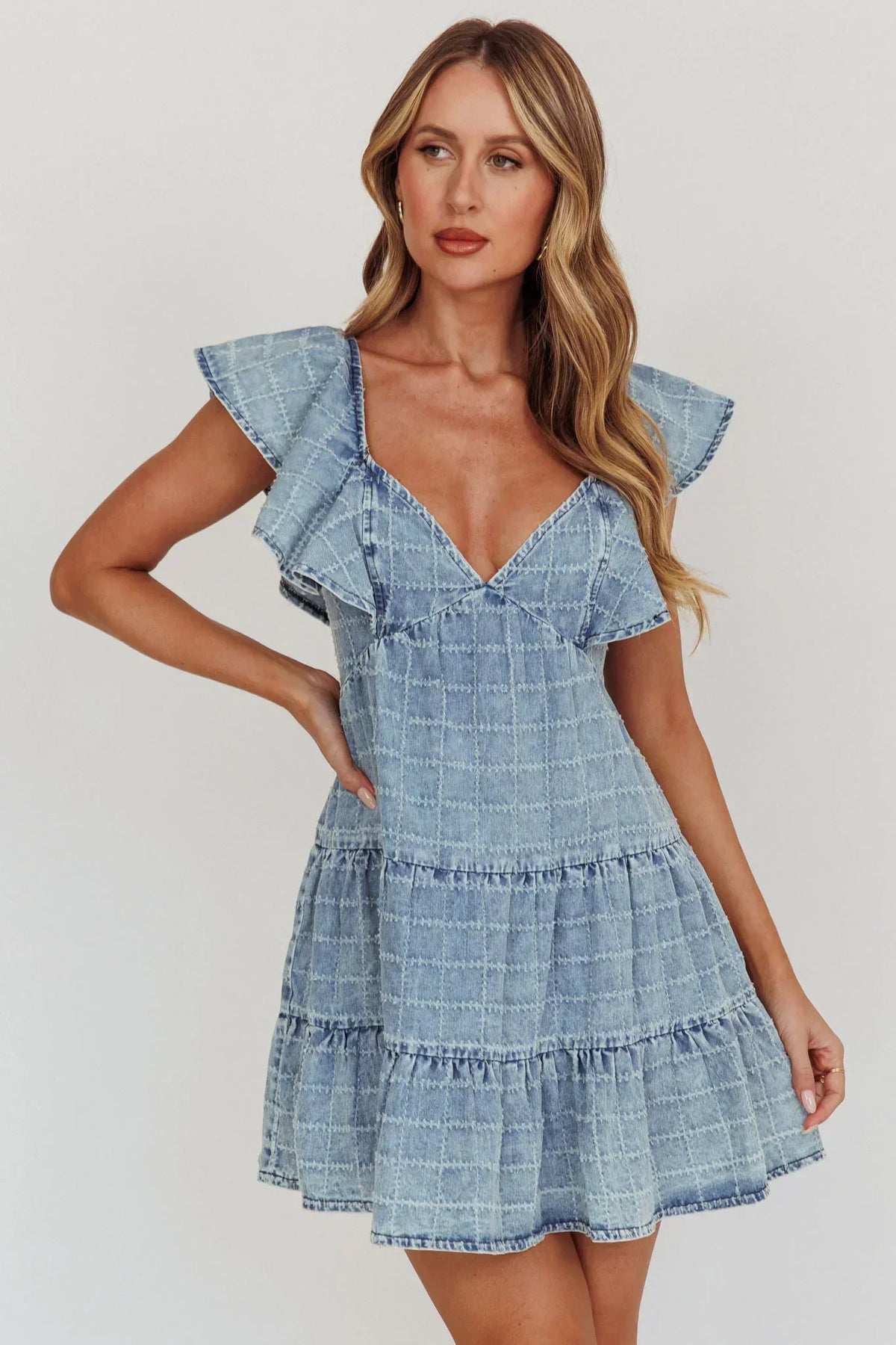Grid Embroidered Denim-Look Flutter Sleeve V-Neck Tiered Mini Dress 5