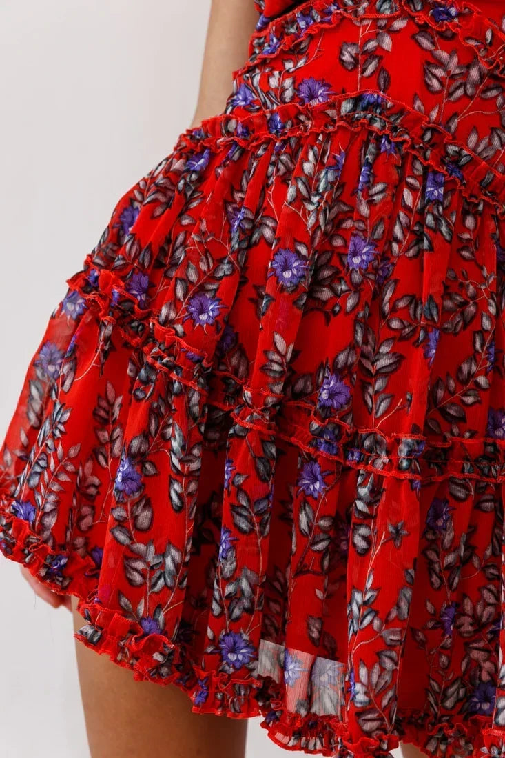 Floral Ruffle Trim Plunge Halter Tiered Mini Dress 4