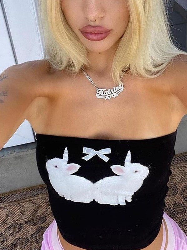 Rabbit Print Bow Detail Strapless Bandeau Tube Crop Top