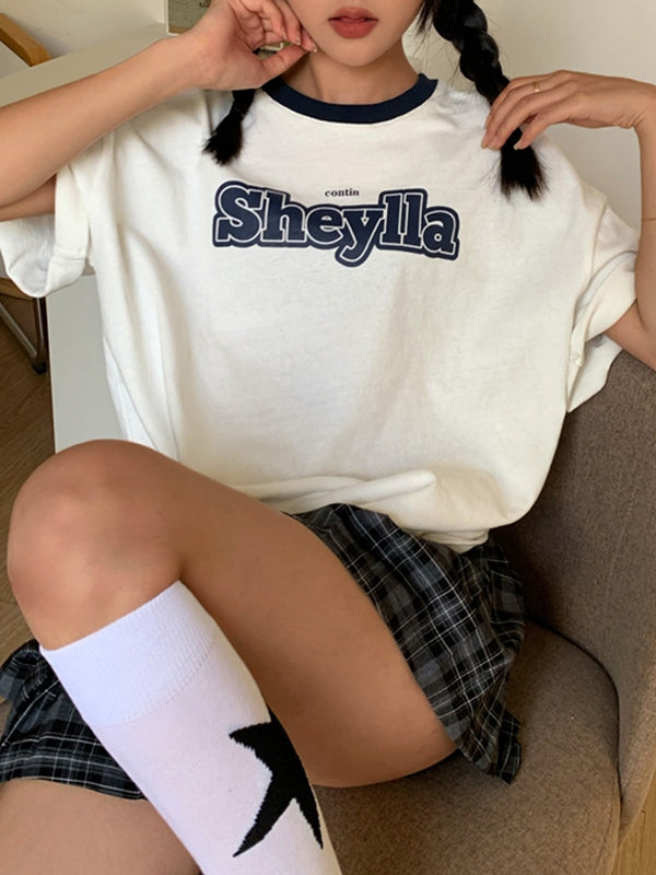 Letter Print Contrast Ringer Neck Short Sleeve Oversized T-Shirt 9