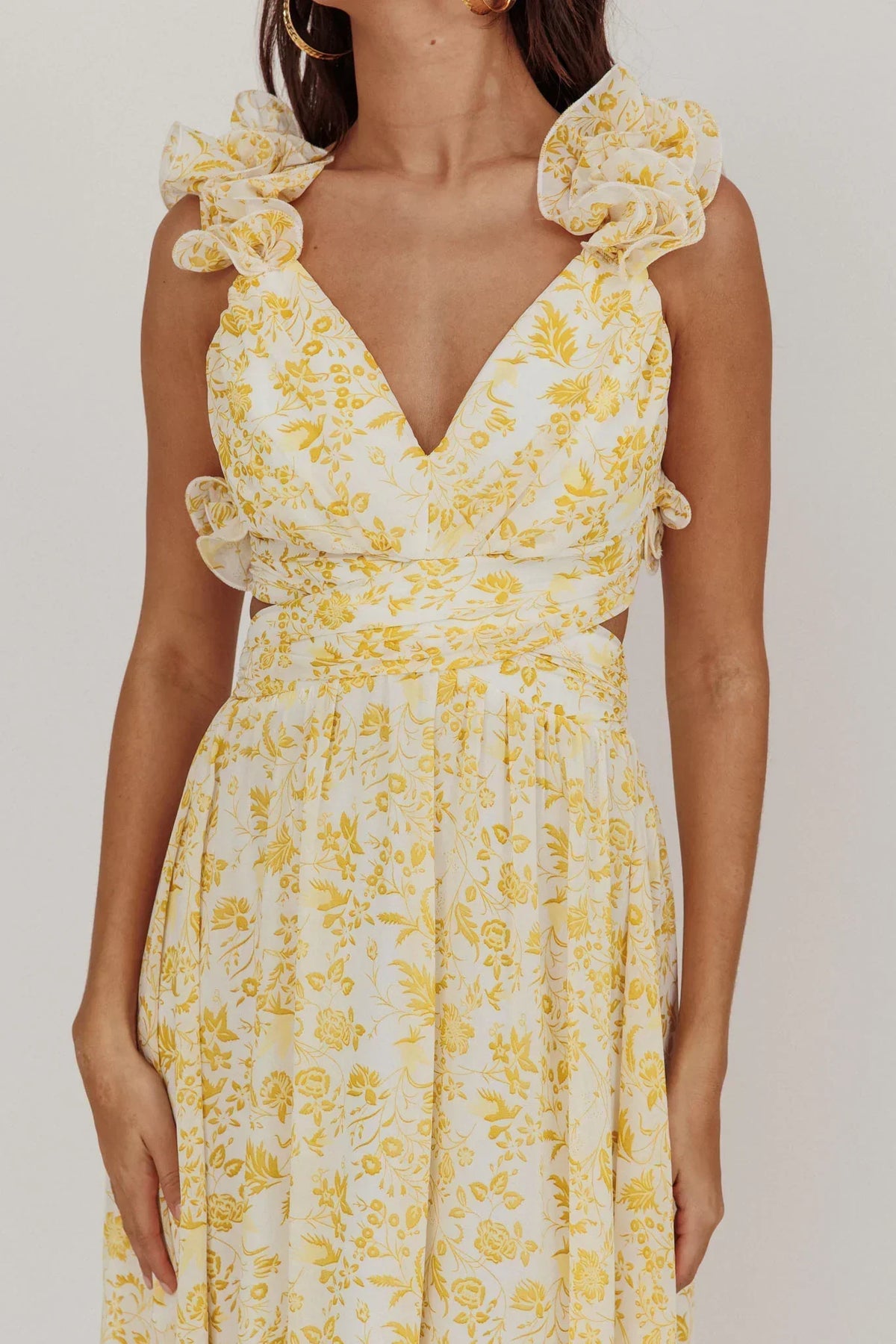 Floral Print V-Neck Ruffle Strap Side Cut Out Maxi Dress 3