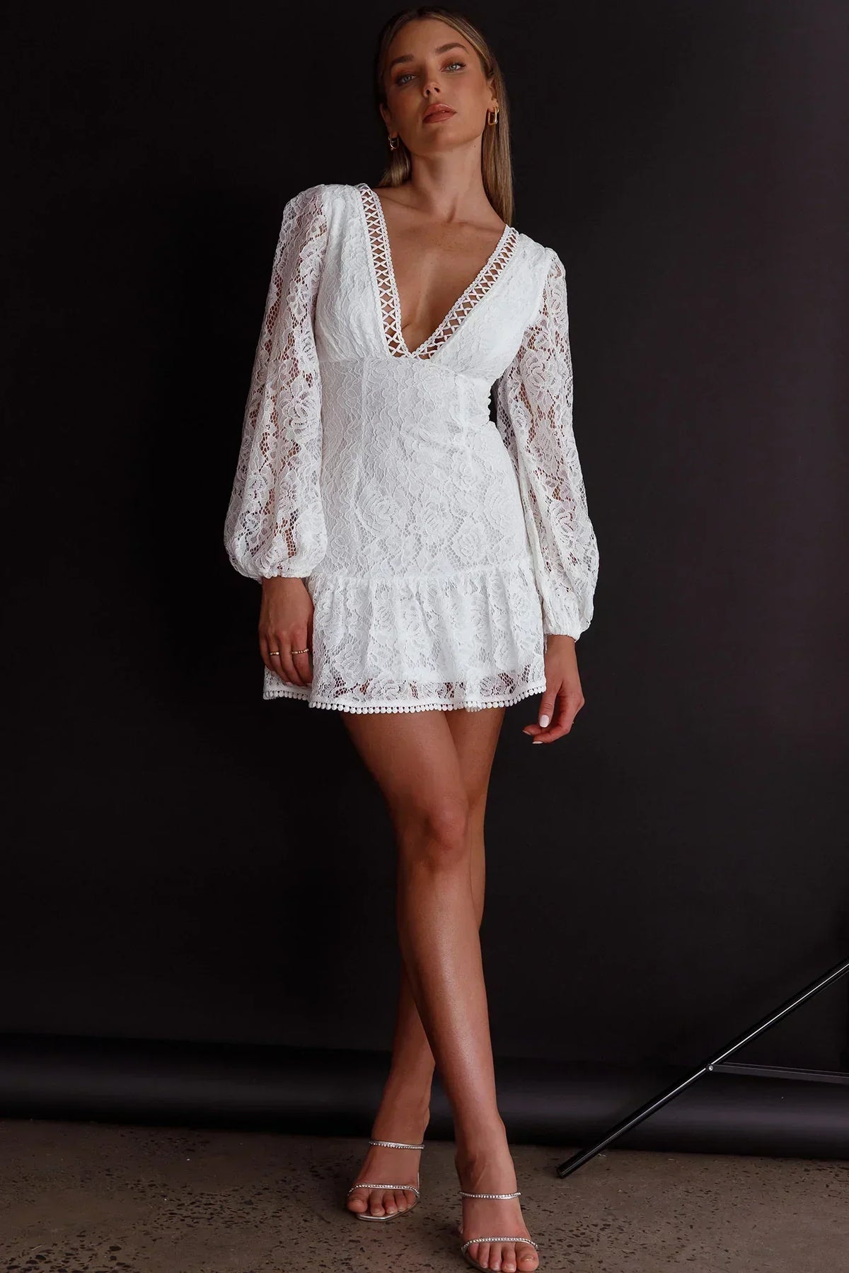 Lace Plunge V-Neck Balloon Sleeve Ruffle Hem Mini Dress 6
