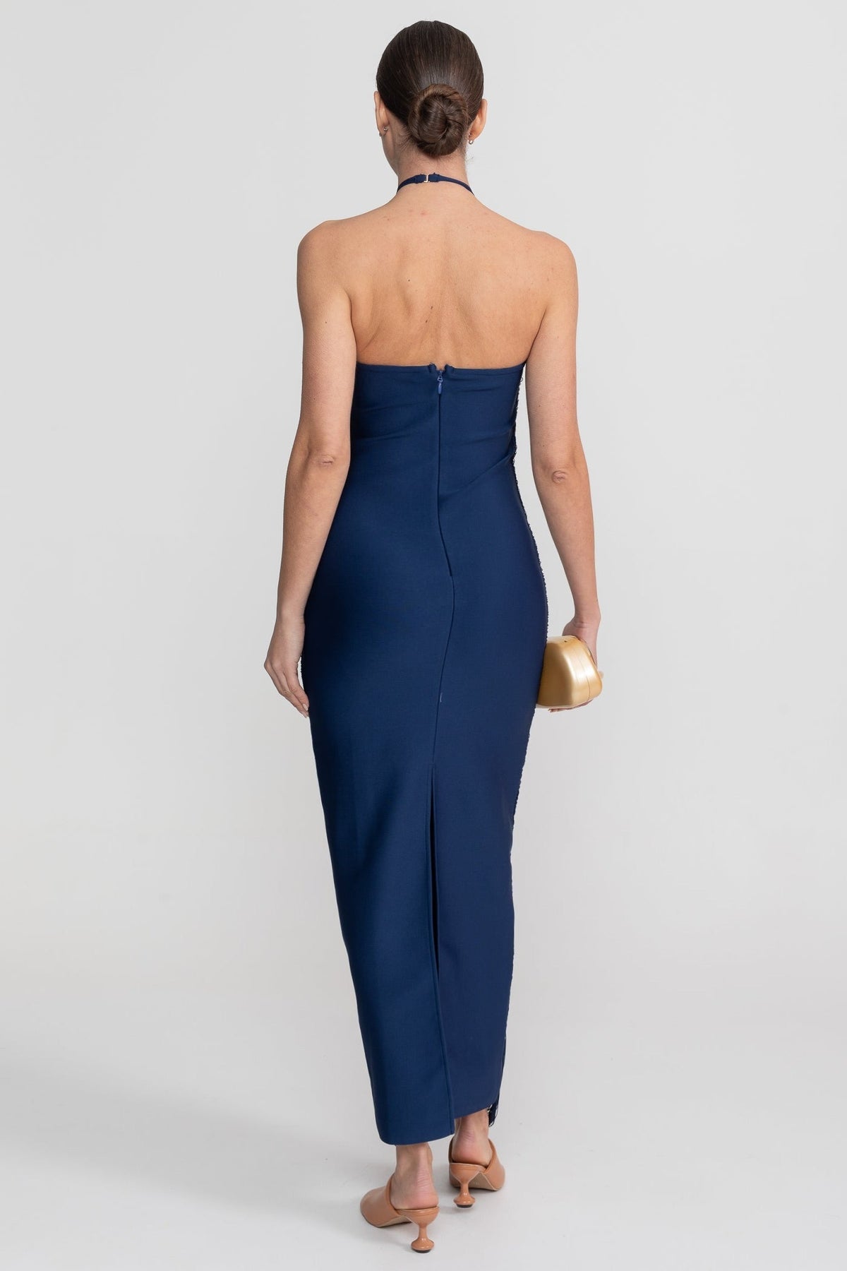 Halter Neck Draped Fringe Bodycon Asymmetric Hem Maxi Dress 4