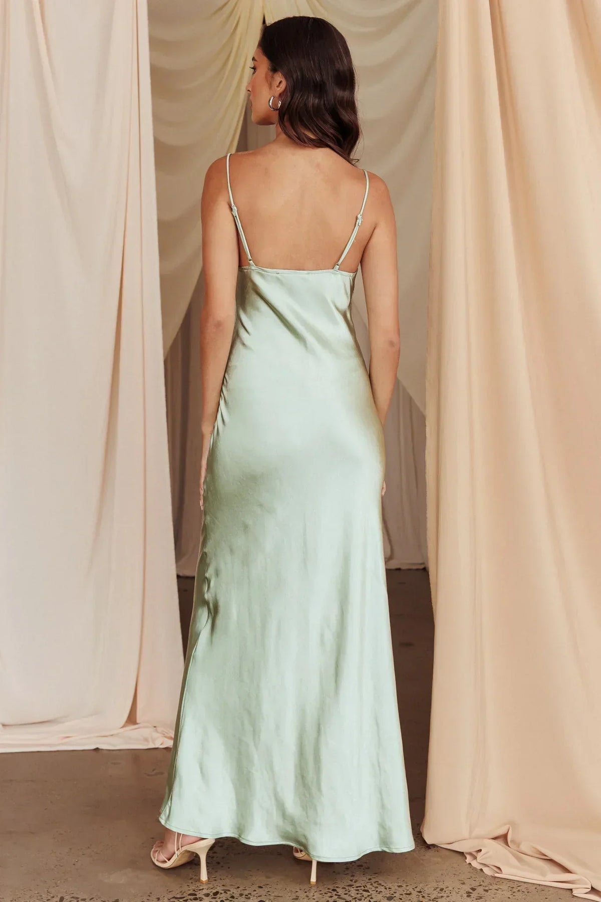 Satin V-Neck Spaghetti Strap Lace Insert High Split Maxi Dress 2