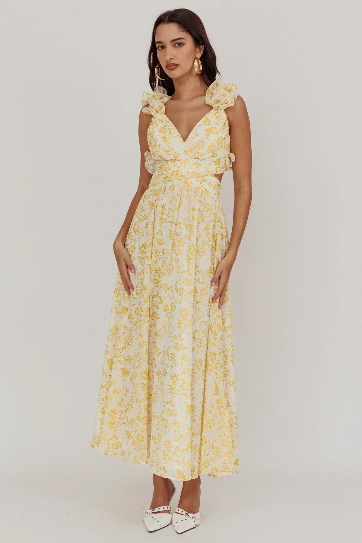 Floral Print V-Neck Ruffle Strap Side Cut Out Maxi Dress 4