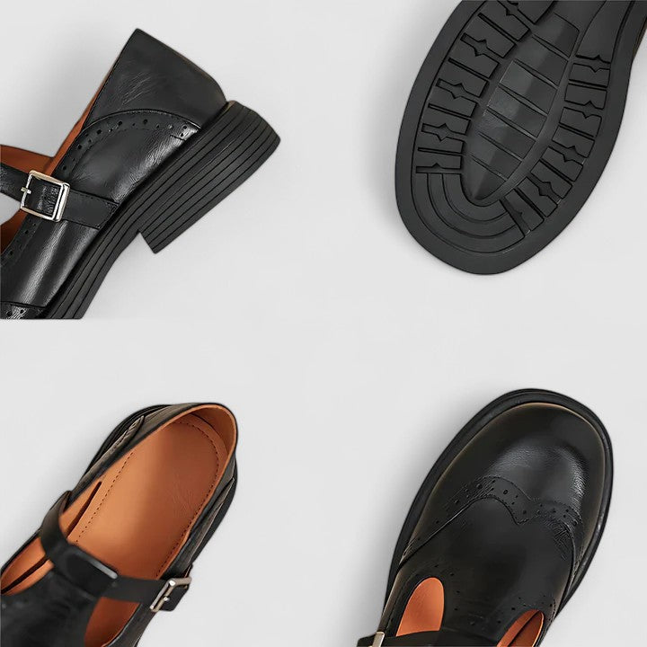 Round Toe T-Strap Buckle Brogue Mary Jane Flats