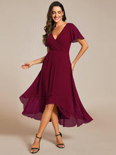 V-Neck Flutter Sleeve Chiffon High Low Midi Dress Wedding Guest 27