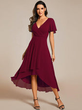 V-Neck Flutter Sleeve Chiffon High Low Midi Dress Wedding Guest 31