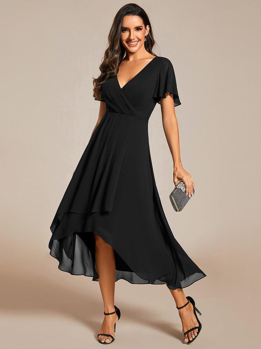 V-Neck Flutter Sleeve Chiffon High Low Midi Dress Wedding Guest 16