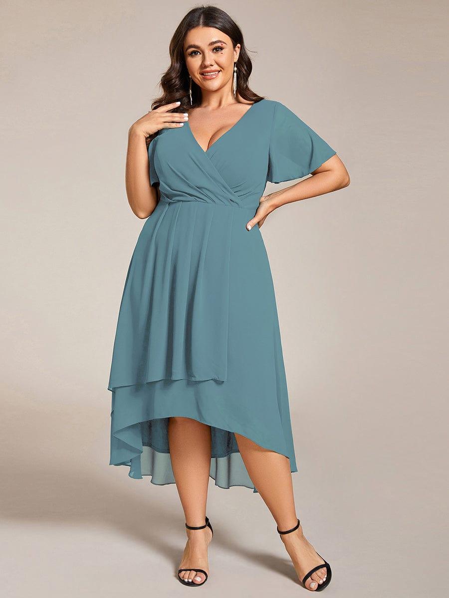 V-Neck Flutter Sleeve Chiffon High Low Midi Dress Wedding Guest