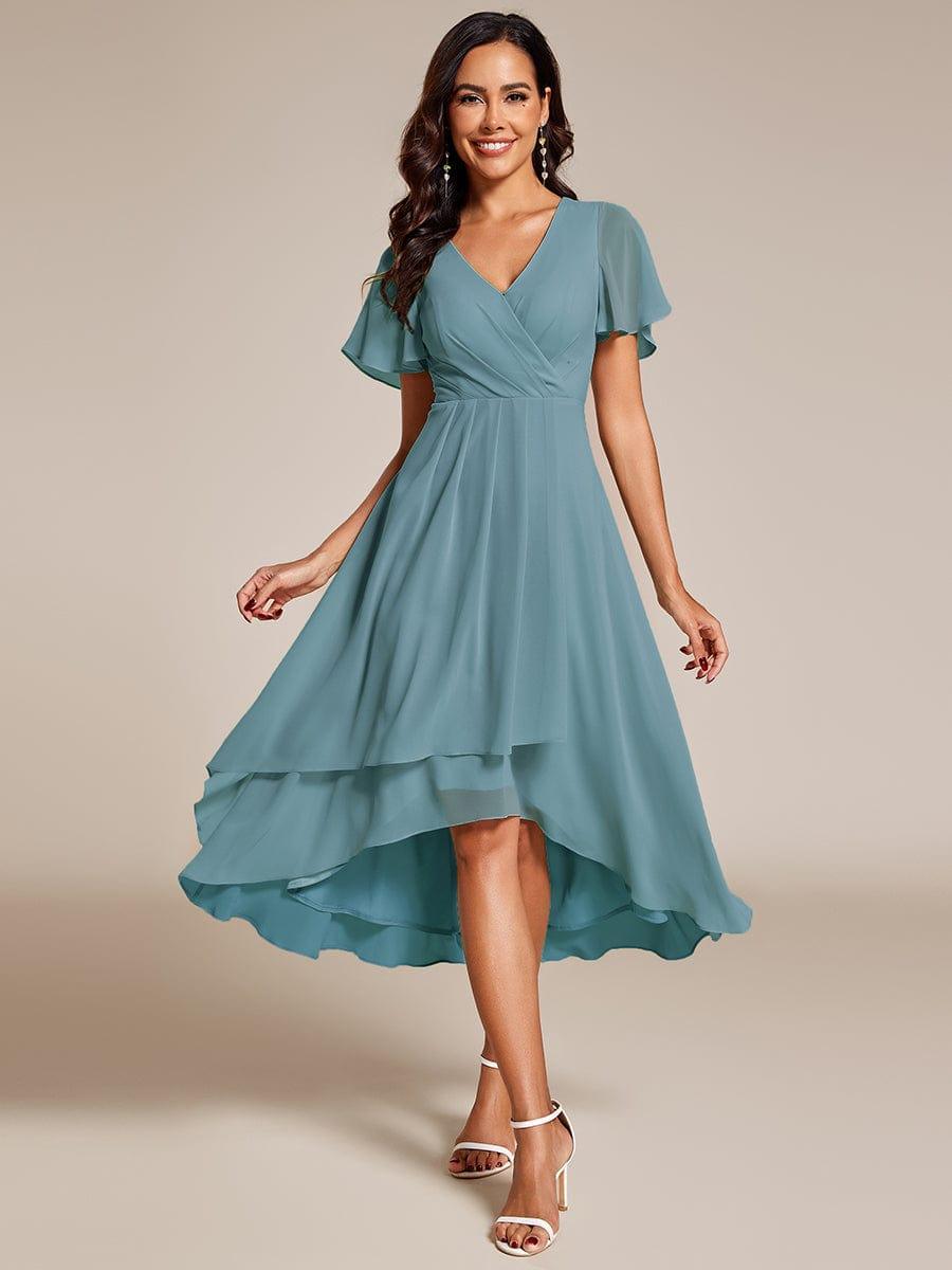 V-Neck Flutter Sleeve Chiffon High Low Midi Dress Wedding Guest