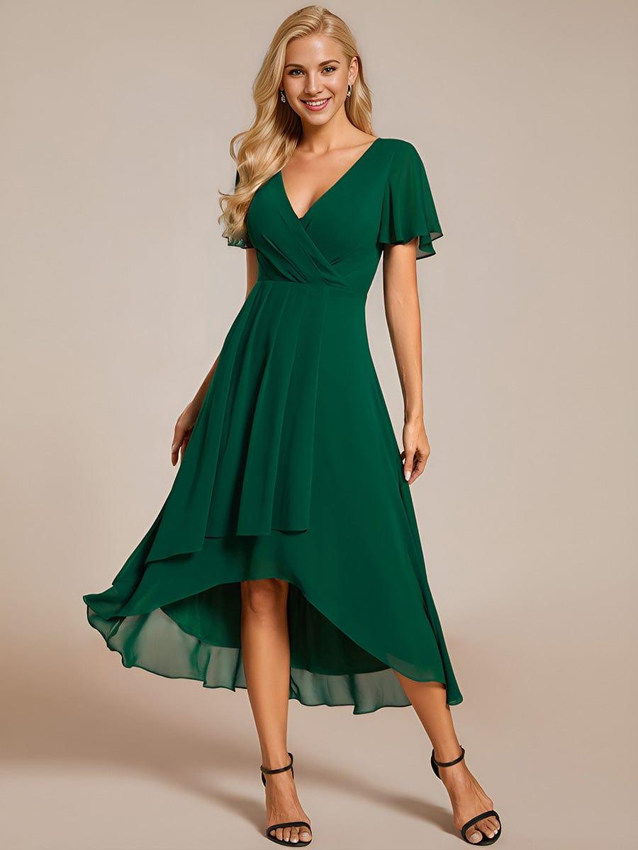 V-Neck Flutter Sleeve Chiffon High Low Midi Dress Wedding Guest 10