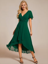 V-Neck Flutter Sleeve Chiffon High Low Midi Dress Wedding Guest 10
