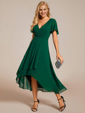 V-Neck Flutter Sleeve Chiffon High Low Midi Dress Wedding Guest 7