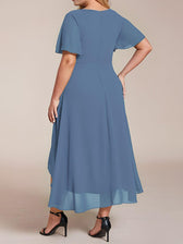 V-Neck Flutter Sleeve Chiffon High Low Midi Dress Wedding Guest 49