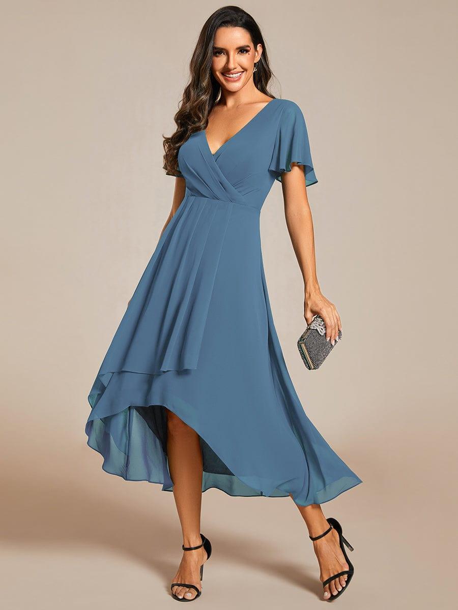 V-Neck Flutter Sleeve Chiffon High Low Midi Dress Wedding Guest 43
