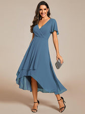V-Neck Flutter Sleeve Chiffon High Low Midi Dress Wedding Guest 43