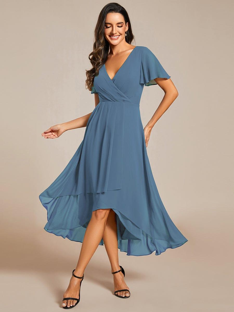 V-Neck Flutter Sleeve Chiffon High Low Midi Dress Wedding Guest 46