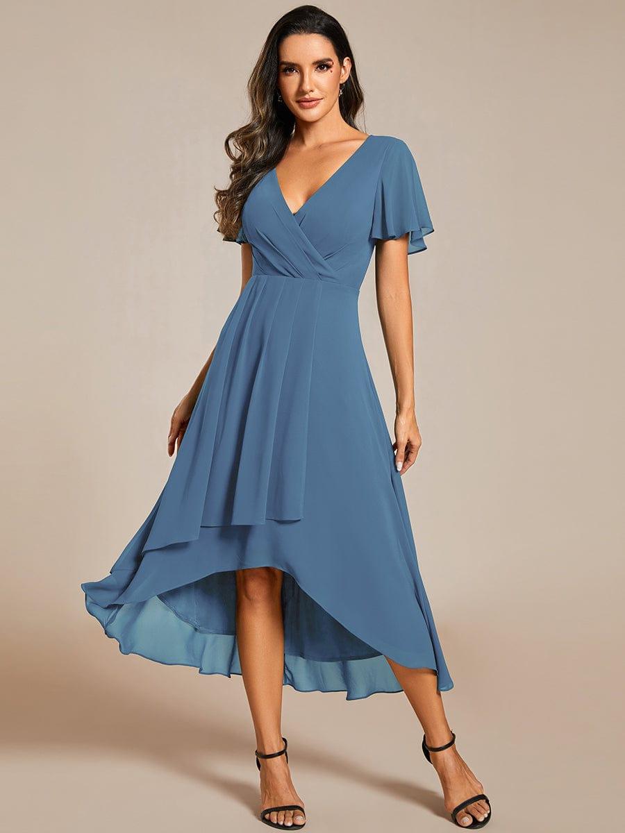 V-Neck Flutter Sleeve Chiffon High Low Midi Dress Wedding Guest 47