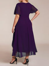 V-Neck Flutter Sleeve Chiffon High Low Midi Dress Wedding Guest
