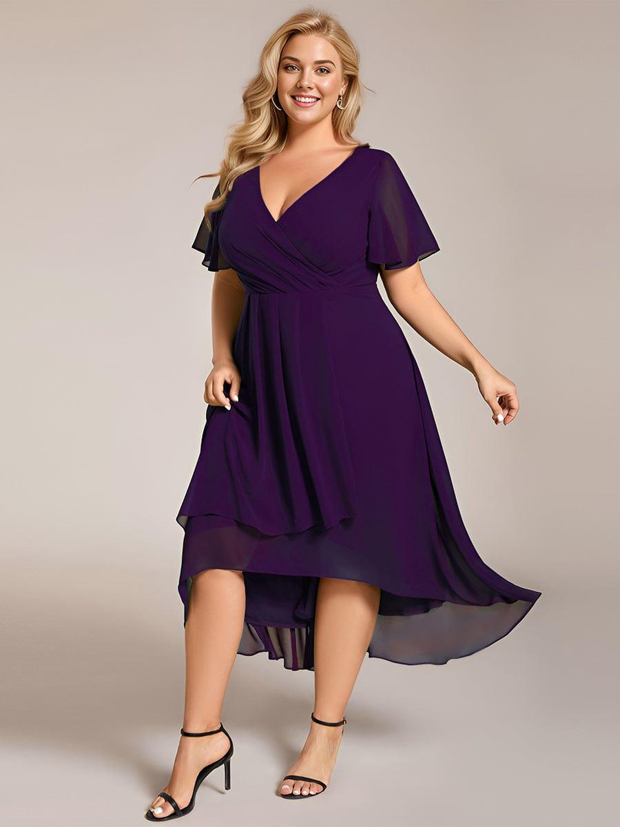 V-Neck Flutter Sleeve Chiffon High Low Midi Dress Wedding Guest