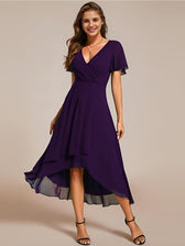 V-Neck Flutter Sleeve Chiffon High Low Midi Dress Wedding Guest