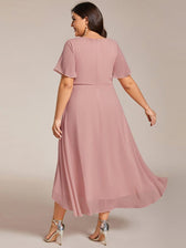 V-Neck Flutter Sleeve Chiffon High Low Midi Dress Wedding Guest