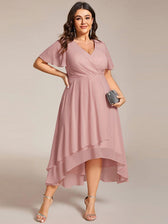 V-Neck Flutter Sleeve Chiffon High Low Midi Dress Wedding Guest