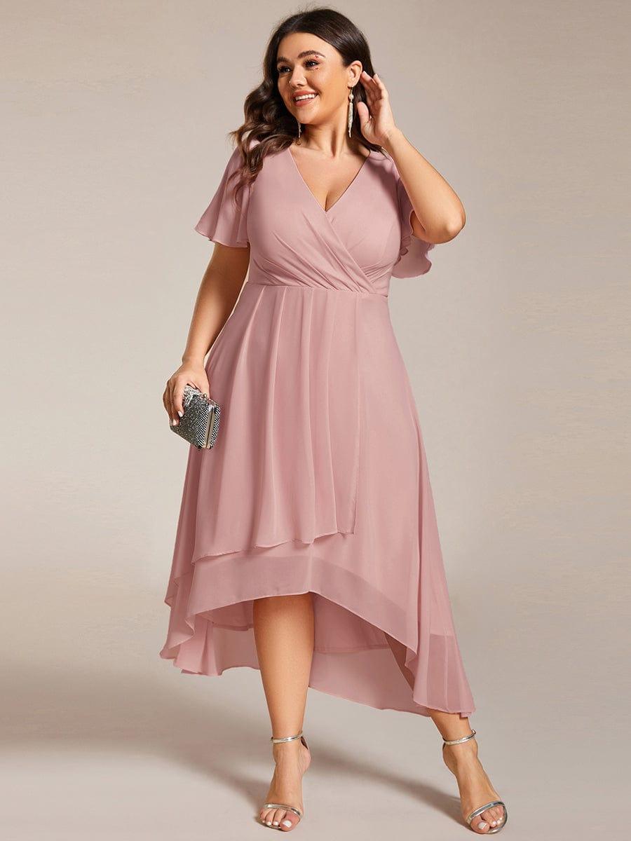 V-Neck Flutter Sleeve Chiffon High Low Midi Dress Wedding Guest