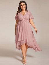 V-Neck Flutter Sleeve Chiffon High Low Midi Dress Wedding Guest