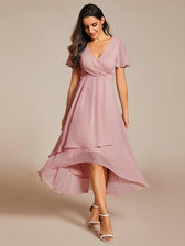 V-Neck Flutter Sleeve Chiffon High Low Midi Dress Wedding Guest