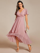 V-Neck Flutter Sleeve Chiffon High Low Midi Dress Wedding Guest