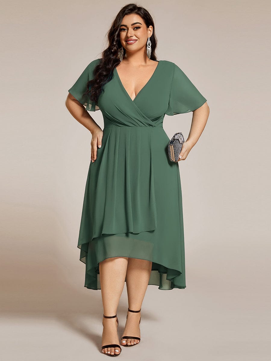 V-Neck Flutter Sleeve Chiffon High Low Midi Dress Wedding Guest
