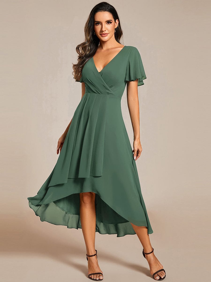 V-Neck Flutter Sleeve Chiffon High Low Midi Dress Wedding Guest