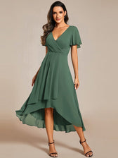 V-Neck Flutter Sleeve Chiffon High Low Midi Dress Wedding Guest