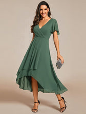 V-Neck Flutter Sleeve Chiffon High Low Midi Dress Wedding Guest