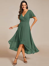 V-Neck Flutter Sleeve Chiffon High Low Midi Dress Wedding Guest