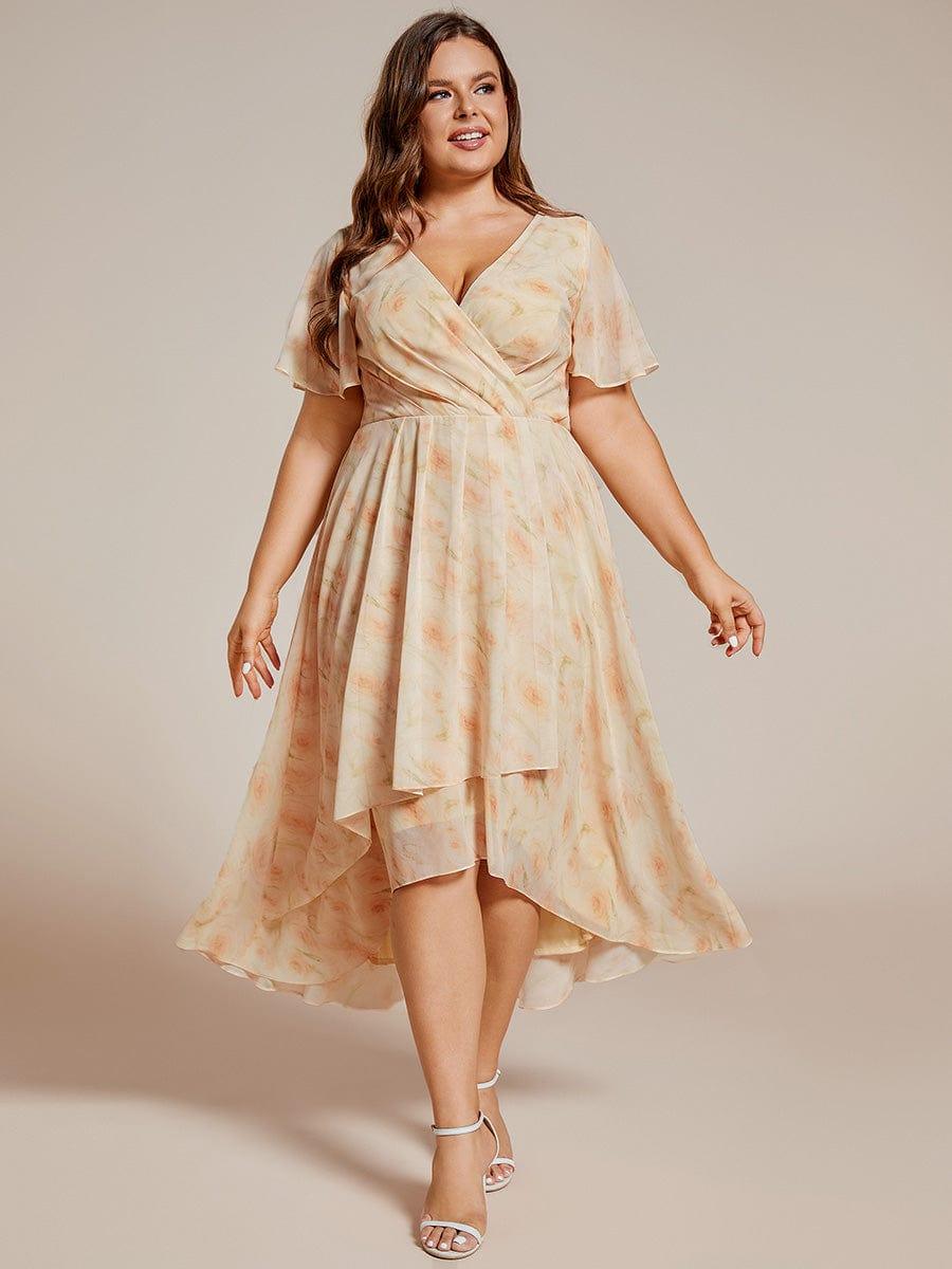 V-Neck Flutter Sleeve Chiffon High Low Midi Dress Wedding Guest