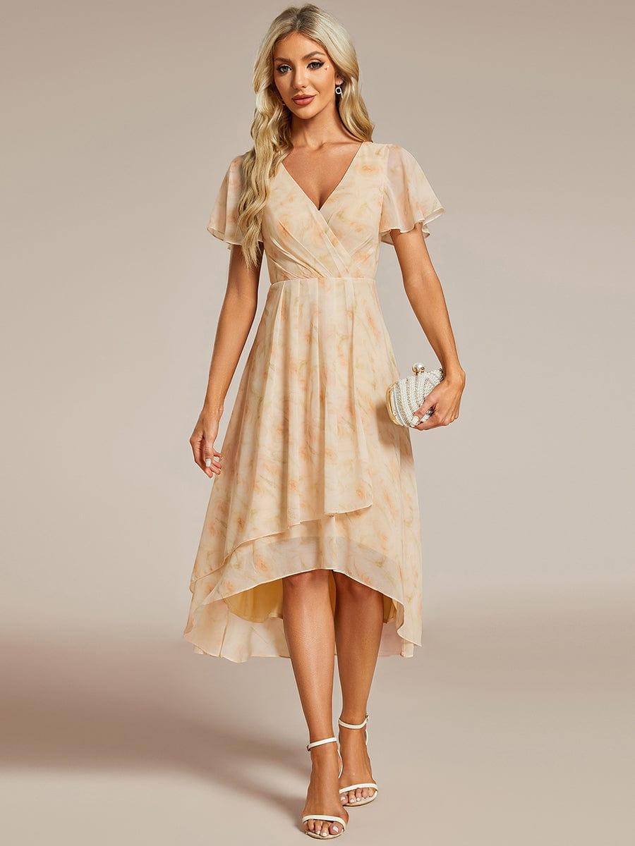 V-Neck Flutter Sleeve Chiffon High Low Midi Dress Wedding Guest