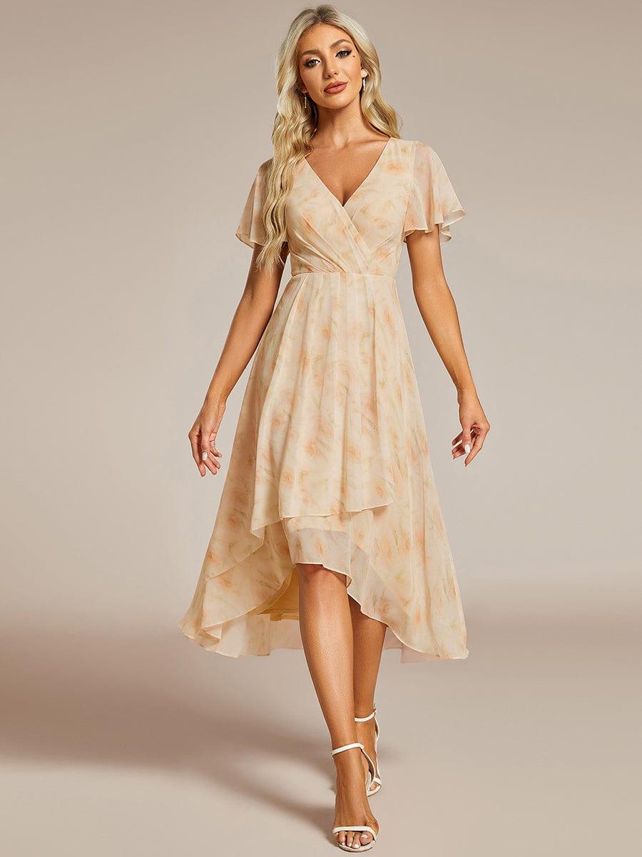 V-Neck Flutter Sleeve Chiffon High Low Midi Dress Wedding Guest