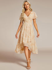 V-Neck Flutter Sleeve Chiffon High Low Midi Dress Wedding Guest