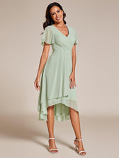V-Neck Flutter Sleeve Chiffon High Low Midi Dress Wedding Guest