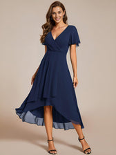 V-Neck Flutter Sleeve Chiffon High Low Midi Dress Wedding Guest