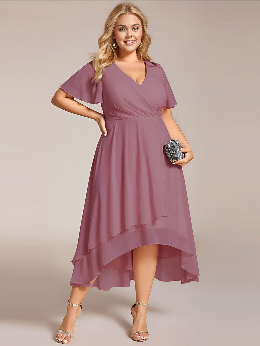 V-Neck Flutter Sleeve Chiffon High Low Midi Dress Wedding Guest