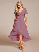 V-Neck Flutter Sleeve Chiffon High Low Midi Dress Wedding Guest
