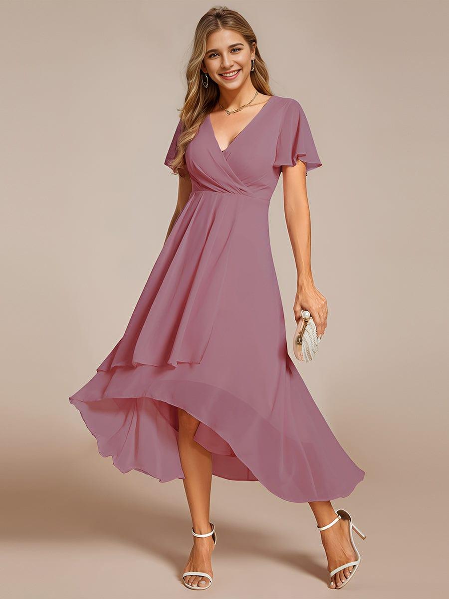 V-Neck Flutter Sleeve Chiffon High Low Midi Dress Wedding Guest