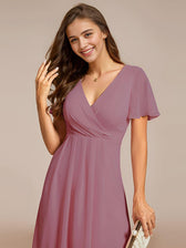 V-Neck Flutter Sleeve Chiffon High Low Midi Dress Wedding Guest