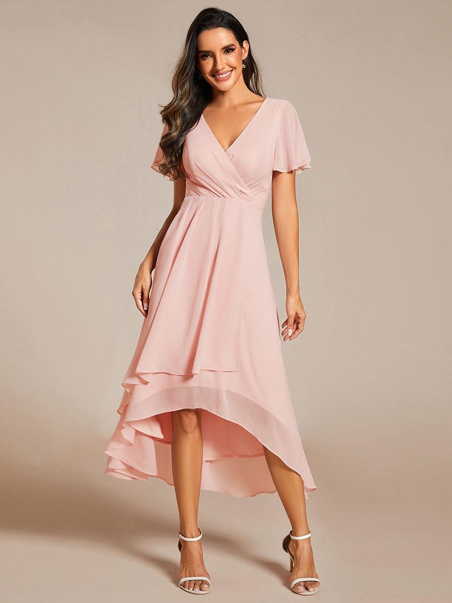 V-Neck Flutter Sleeve Chiffon High Low Midi Dress Wedding Guest 38